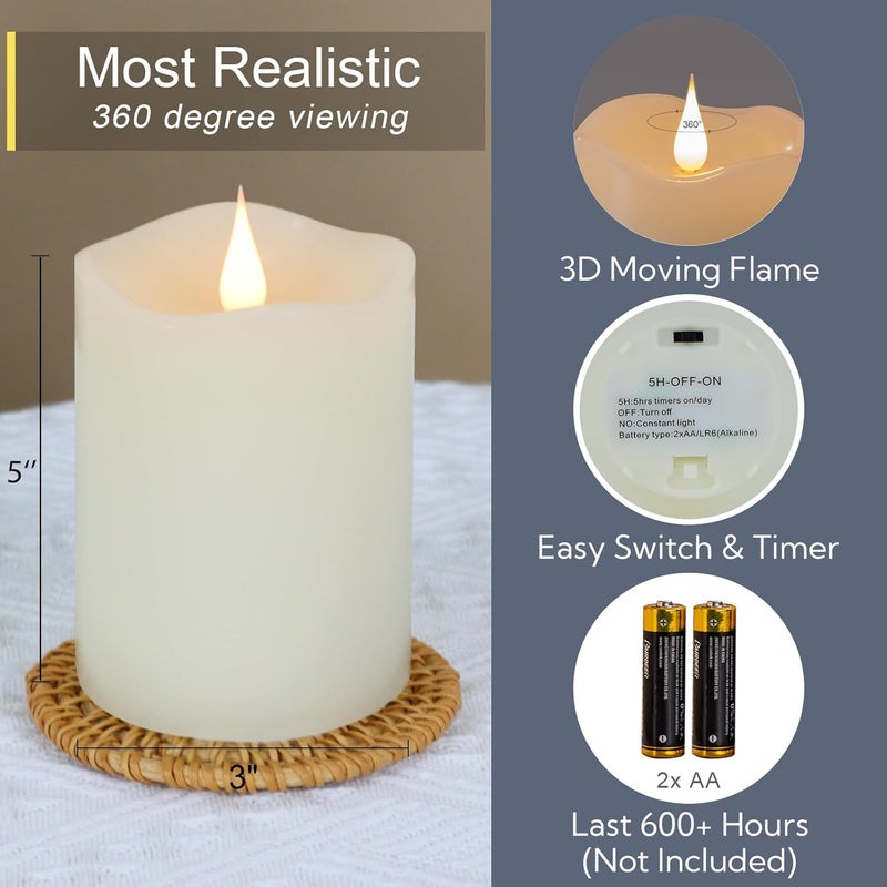 TECHLONG Flameless Candles Battery Operated with Remote Timer, 3D Moving Flame Flickering, Last 600+ Hours Battery Candles, 3" x 5" Ivory Real Wax Electric LED Candle for Wedding Party, Set of 2 - Image 2